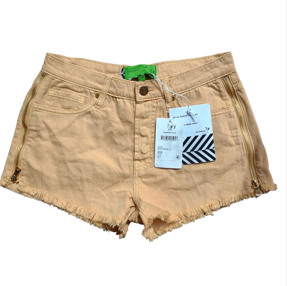NWT Sandrine Rose x Free People Tan Denim Side Zipper Cut Off Shorts size 26